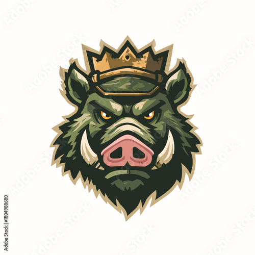 Fierce boar wearing a crown, isolated on white background