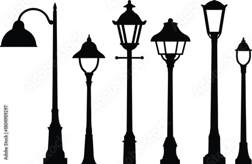 lamp post icon set silhouette style minimal vector art illustration on a white background

