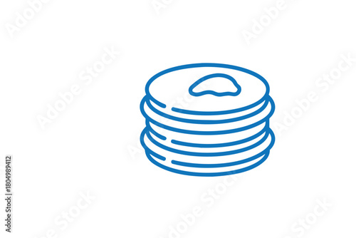 Minimalist Blue Outline Icon of Stacked Pancakes with a Pat of Butter on a White Background