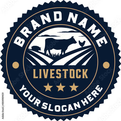 Vintage Livestock Farm Emblem with Cow and Rural Landscape Badge Design