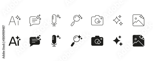 Ai And Communication Enhancement Icon Set. Artificial Intelligence, Digital Interaction, And Multimedia Optimization Outline And Silhouette Symbol Collection. Isolated Vector Illustration