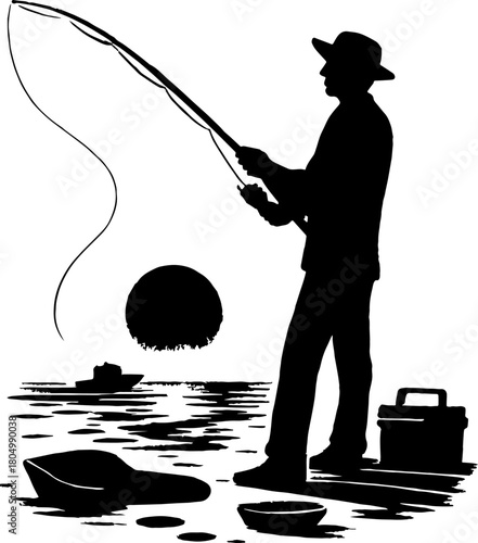 A silhouette of a fisherman casting a line from a wooden pier at sunrise, with a tackle box, cooler, and the silhouette of a boat bobbing in the water, on a white background 