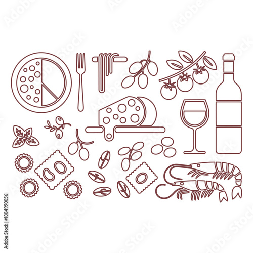 Line art food and drink icons pizza cheese pasta tomatoes olives wine bottle shrimp vector