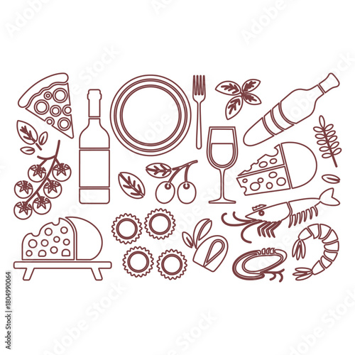 Collection of Italian food and drink icons in maroon outline on white background food icons pizza slice