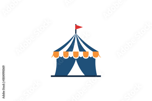 Vibrant Flat Design Illustration of a Traditional Circus Tent with Blue Orange and Red Flag