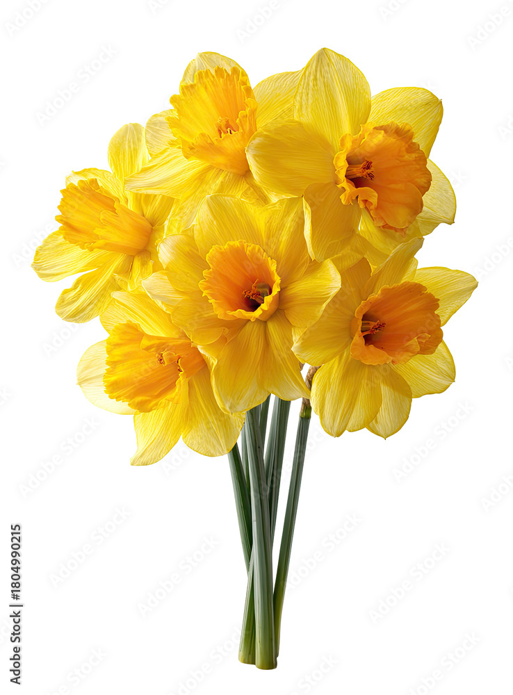 Fototapeta premium Close-up of a bouquet of yellow daffodils. Bright, vibrant yellow blossoms with orange centers cluster tightly. Stems are a light green. Isolated against a black background