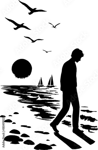A silhouette of a lone figure walking along a rocky beach at sunset, waves lapping at their feet, with seagulls flying overhead and distant boats on the horizon, on a white background 