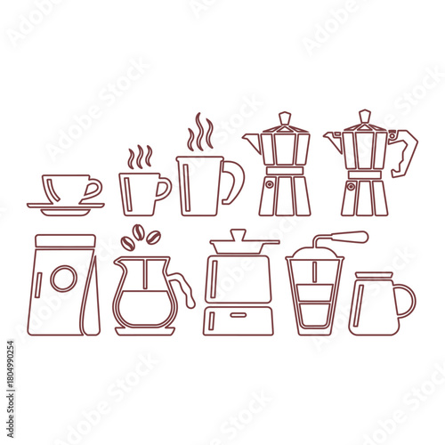Collection of coffee making equipment and beverages outlined in dark red brewing espresso