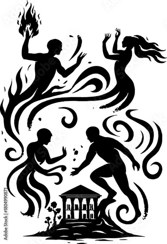 Elemental Figures Around Ancient Temple Black And White Silhouette Of Vector With White Background 