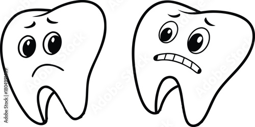 Sad cartoon tooth duo illustration showing emotional expressions. Clean black and white dental character artwork. Perfect for oral health designs and children’s educational themes. 