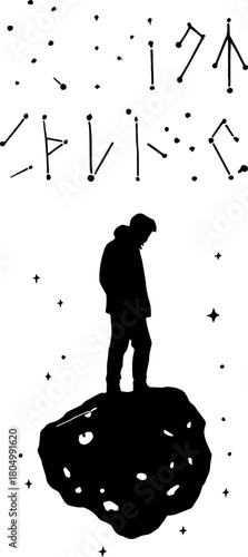 Lonely Wanderer on Asteroid with Constellations vector with white background 
