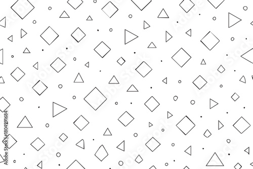 Abstract hand drawn geometric pattern featuring scattered diamonds triangles and dots on a white background