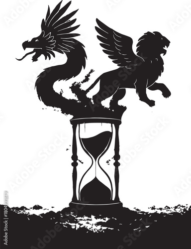  Mythical Guardians of Time in black and white silhouette vector with white background 