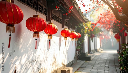 A picturesque scene of a traditional alleyway decorated with red lanterns and flowering trees, evoking a festive and serene atmosphere.