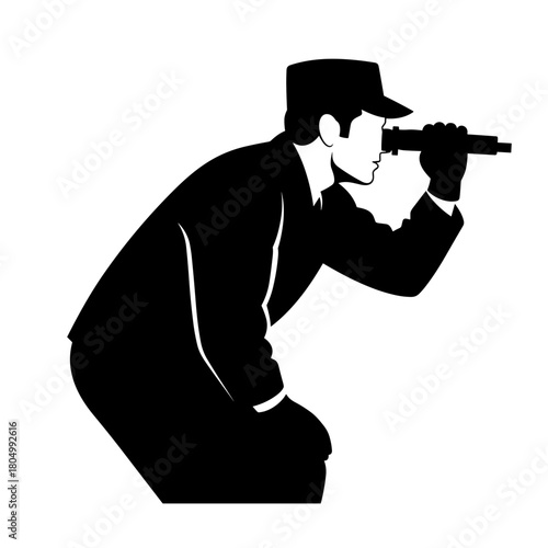 Silhouette of man looking through binoculars in alert pose on white background with copy space