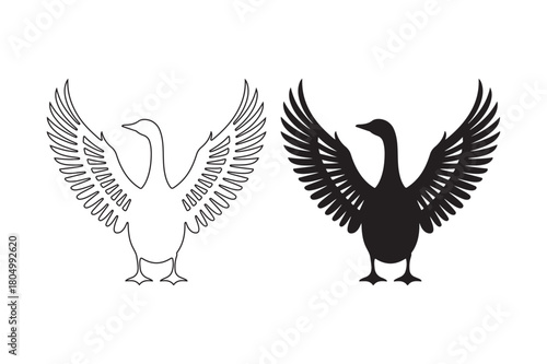 Two stylized geese with wings spread wide