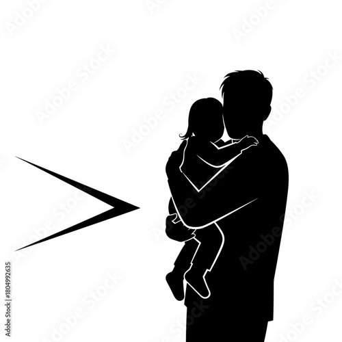 Silhouette of man holding child protectively on white background with copy space