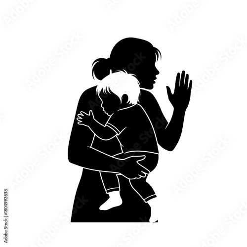 Silhouette of woman shielding child in protective gesture on white background with copy space