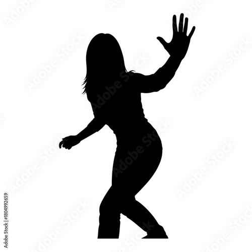 Silhouette of woman making stop gesture in defensive pose on white background with copy space
