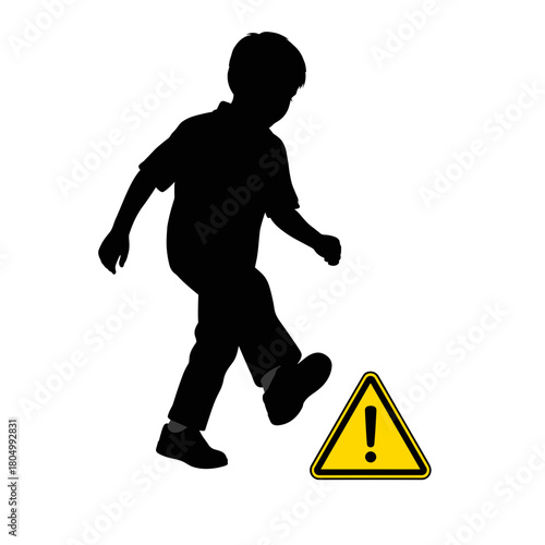 Silhouette of boy stepping near warning sign on white background with copy space