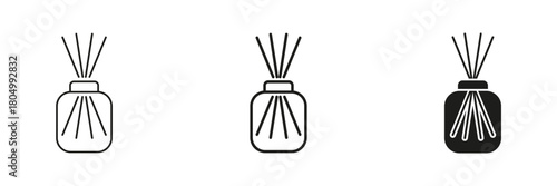 Reed Diffuser In Line, Outline, And Glyph Icon Set. Aromatherapy And Home Fragrance Symbol Collection. Scented Decor And Relaxation. Isolated Vector Illustration