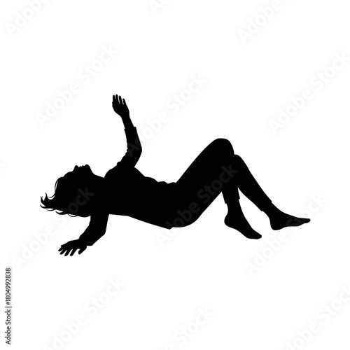 Silhouette of woman lying on ground in distress on white background with copy space