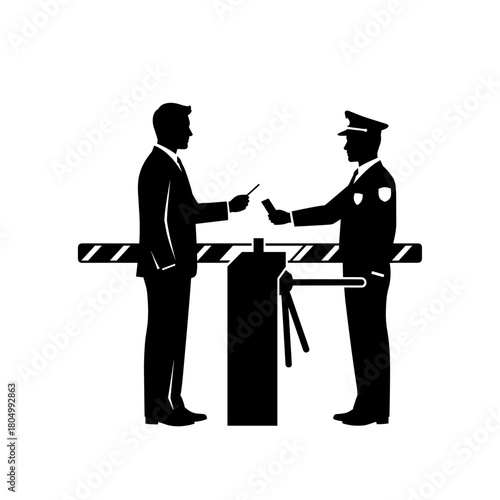 Silhouette of man showing passport to border officer at checkpoint with copy space