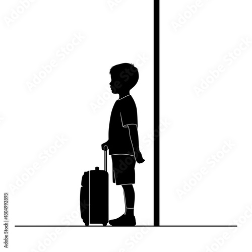 Silhouette of boy with suitcase waiting at airport on white background with copy space