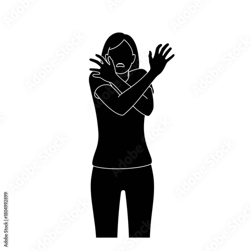 Silhouette of woman crossing arms in fear on white background with copy space