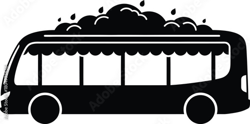 Black and white bus illustration with heavy cloud cover and rain symbolising climate change