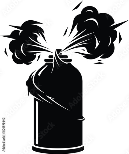 Aerosol spray can explosion depicting negative release and chaotic energy in black and white