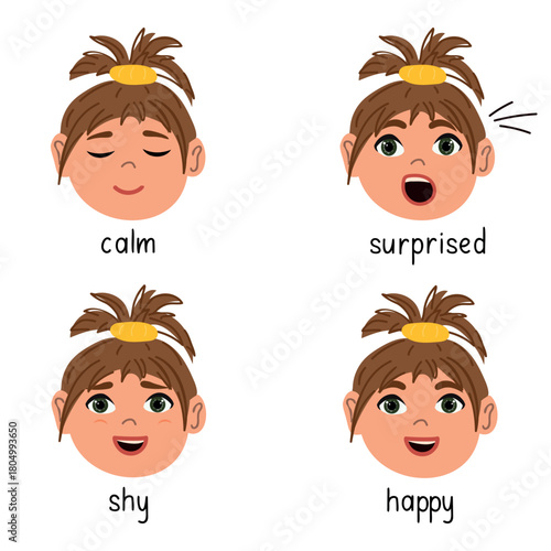 Positive human emotions. Cartoon vector set of girl with various expressions