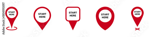 Red Location Pin Symbol Collection. Start Here with Map Icon Set. Start Here Map Pointer Signs. GPS Location Symbol. Isolated Vector Illustration
