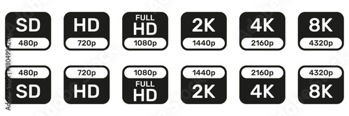 Video Resolution Icons Set. Digital Display Quality And Screen Resolution Symbol Collection. Multimedia And Technology Use. Screen Resolution Icons. Isolated Vector Illustration