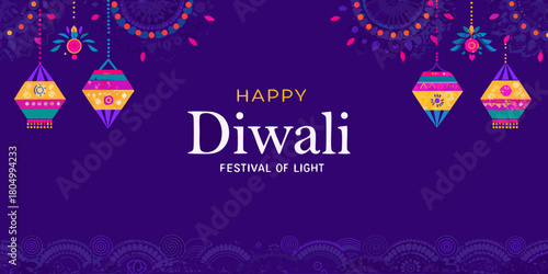 Happy diwali festival of light with colorful hanging lanterns and decorative patterns on a deep purple background