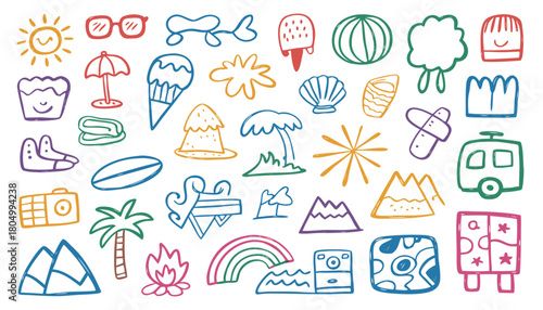 Collection of colorful hand drawn summer vacation doodles and icons