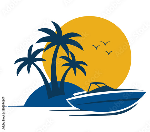 Tropical island paradise with palm trees and a speed boat at sunset
