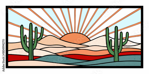 Stylized desert landscape with saguaro cacti and a vibrant sunrise in a stained glass art style