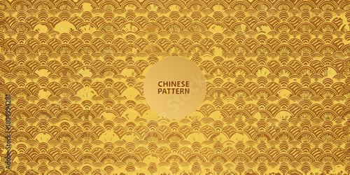 Traditional chinese wave pattern design with a vintage gold texture and subtle grunge effect