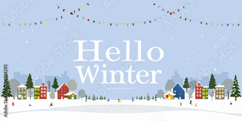 Charming winter village scene with festive lights and people enjoying snow activities