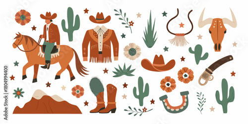 Boho western cowboy elements collection with horse cactus mountains and bull skull
