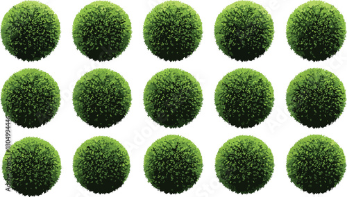 Collection of round green bush top view, trimmed garden shrubs, realistic foliage spheres isolated for landscape design, gardening and nature decoration