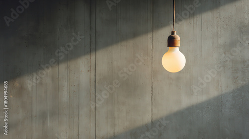 lone ultrabright light bulb hangs against textured wooden wall illuminating sparse neutraltoned room