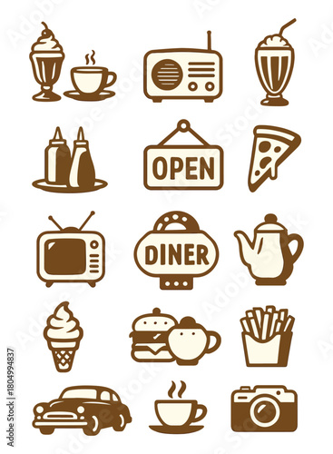 Vintage diner icons featuring classic food-drinks and retro elements bring nostalgic warmth