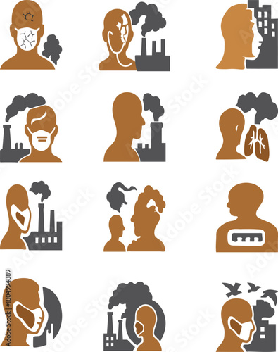 A conceptual icon set illustrating the harmful effects of environmental pollution on human health, featuring silhouettes with masks, smoke clouds, industrial factories, and symbolic health elements.