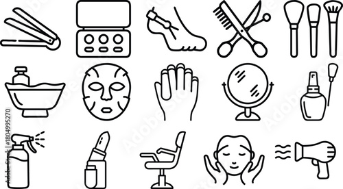 Collection of beauty and salon service icons in a hand drawn outline style