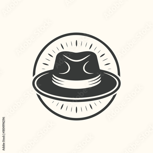 Vintage Fedora Hat Emblem with Sunburst Rays retro style