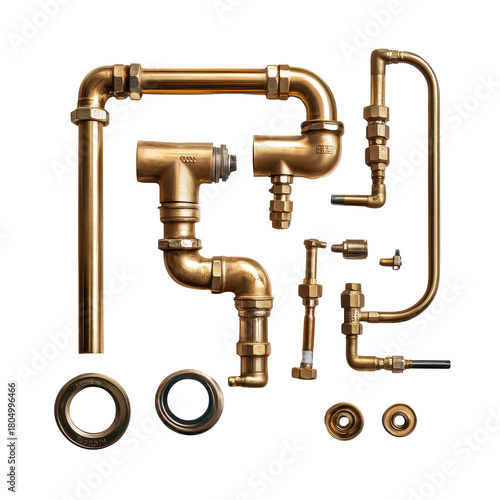 Assorted pipes and fittings neatly arranged on a smooth gray surface for industrial display, isolated on transparent background