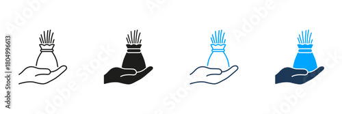 Hand Holding Grain Bag Line And Solid Icon Set. Agricultural Harvest And Seed Supply Symbol Collection. Farming Crop And Food Resource Concept. Isolated Vector Illustration