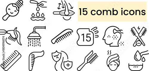 Collection of 15 hand drawn comb and hair care icons